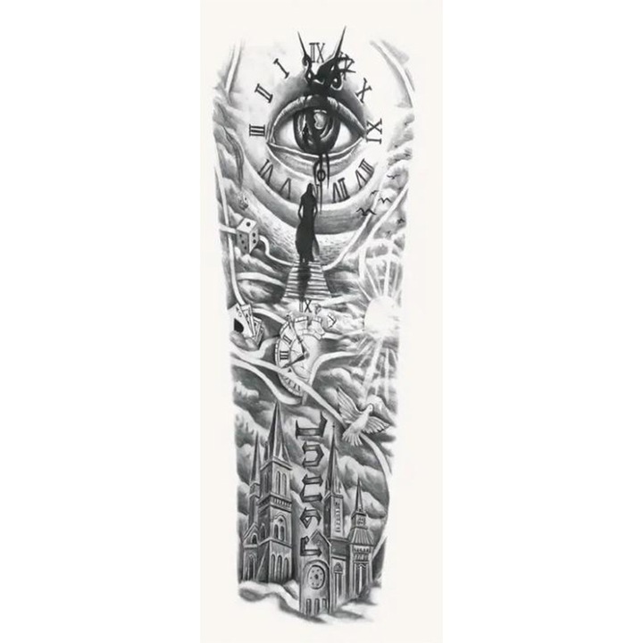 Tatuaj temporar tribal pe brat, design cu ochi si ceas, unisex, waterproof, 48x17cm