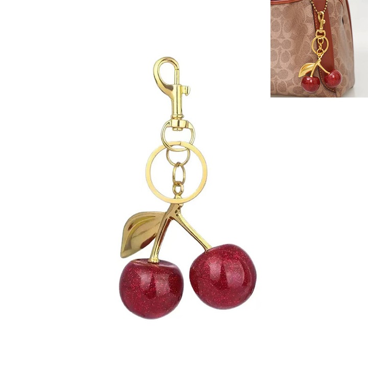 OEM Csillogó cseresznye kulcstartó, 13,5x3,1cm, kiegészítőkészlettel