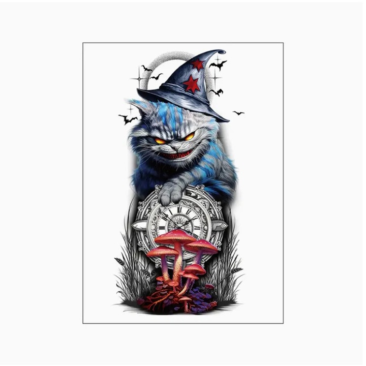 Tatuaj temporar pisica Halloween, design cu ceas si ciuperci, 21x15cm