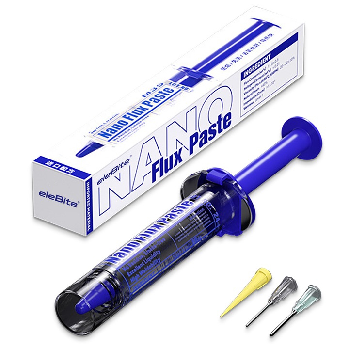 Pasta de lipit cu nano-flux, eleBite®, 10CC, fara spalare, anti-oxidare, pura si transparenta, vapori redusi, sigilare dubla, potrivita pentru lipirea IC / placa video / condensatori, include 3 capete de dozare