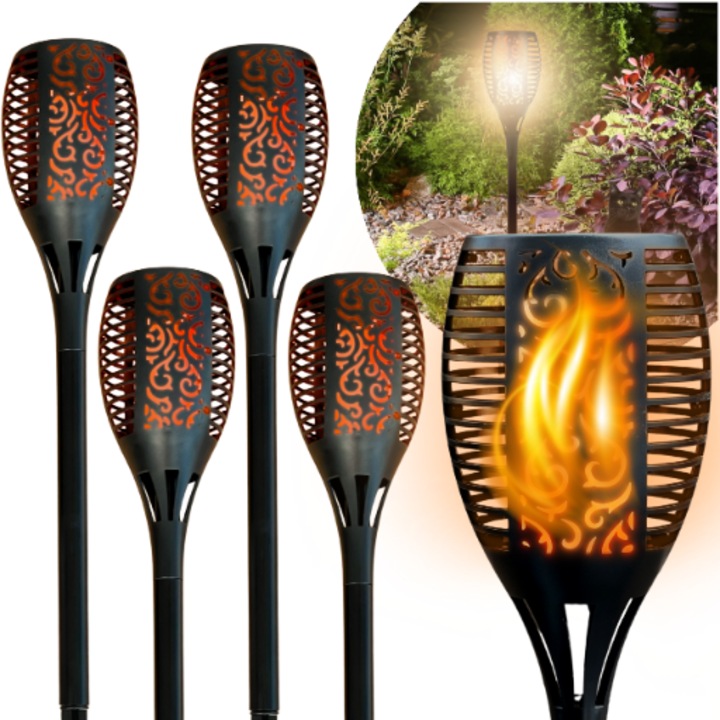 Set 4 Lampi Solare Blixtar pentru Gradina, 96 LED-uri, Efect Flacara, Dimensiune Mare