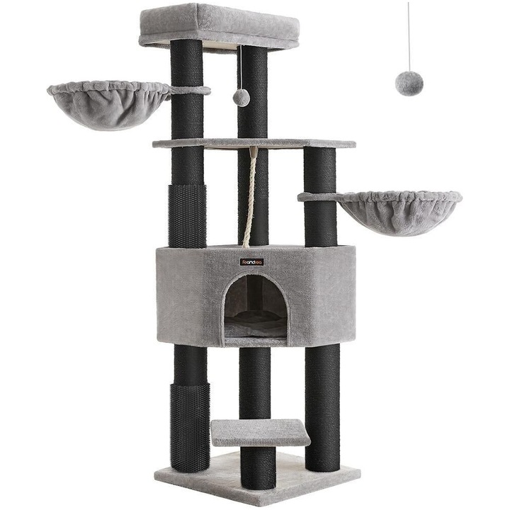 Комплект за игра с котки FEANDREA, с 9 сизалови стълба, големи платформи и къщичка, 50x50x160 см, сив