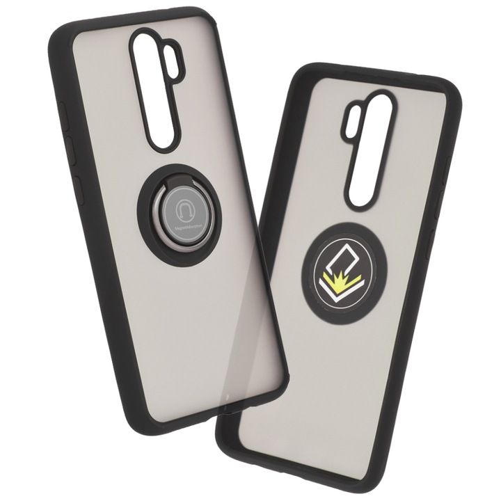 Husa pentru Xiaomi Redmi Note 8 Pro, SKYDDAR INNOVATION, Glinth cu Inel Rotativ 360° Magnetic, Negru, set cu sticker