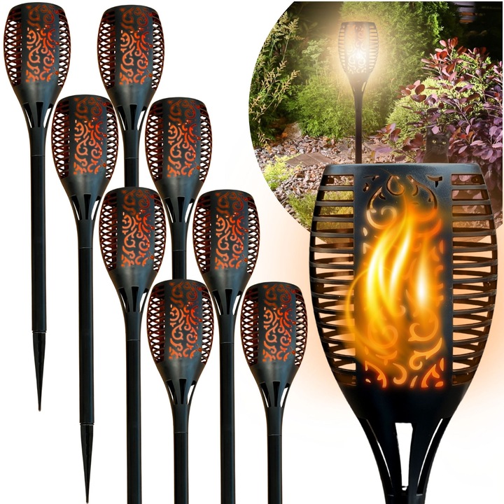 Set 8 Lampi Solare Blixtar pentru Gradina, 96 LED-uri, Efect Flacara, Dimensiune Mare