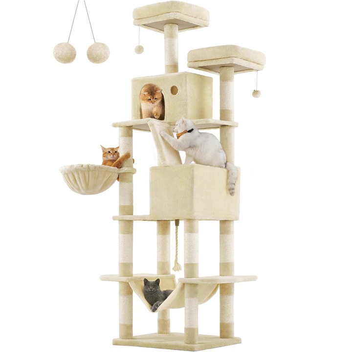 Комплект за игра с котки FEANDREA, тип дърво, XXL, 13 драскалки, 2 скривалища, 60x50x206 см, бежов