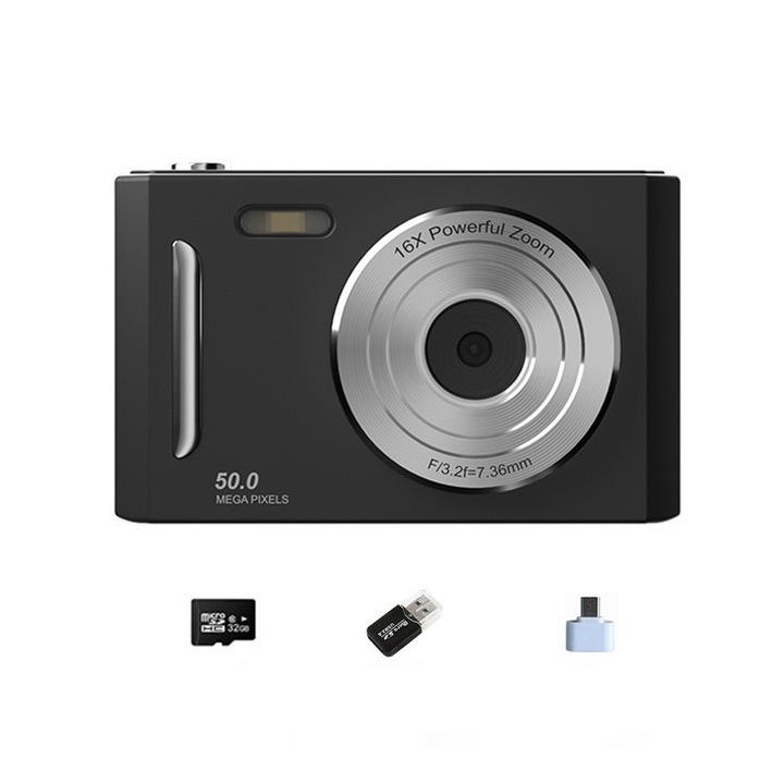 Aparat foto digital compact cu card de memorie de 32G, zoom 8x, doua camere fata si spate, 50 MP, fotografiere temporizata, ecran IPS de 2, 4”, transfer rapid de fotografii OTG, Camera pentru elevi, Negru