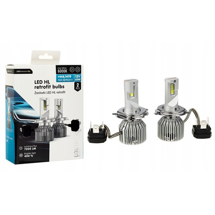 Becuri LED retrofit, Vision, H4, 12V, 60W, 7200 lm, 6000K, Canbus, 2 buc., impermeabile IP67, luminozitate ridicata, timp de functionare lung, instalare usoara, tehnologie de racire cu cupru si aluminiu