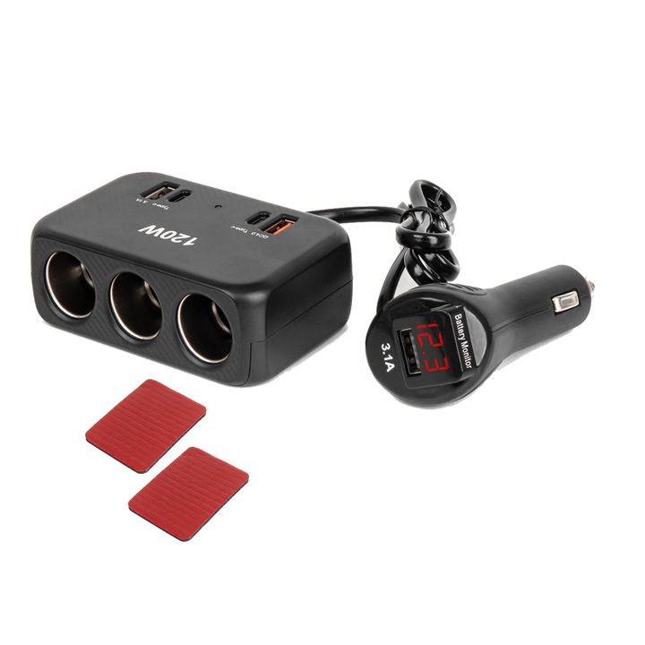 Разклонител за запалка, без контакт, 3 гнезда за запалка, 2 USB-A 3.1A порта, 1 USB-C QC 4.0 порт, 120W, дължина на кабела 80 см, черен, вграден дигитален дисплей, автомобилни аксесоари, съвместимост с 12/24V, безопасен за употреба