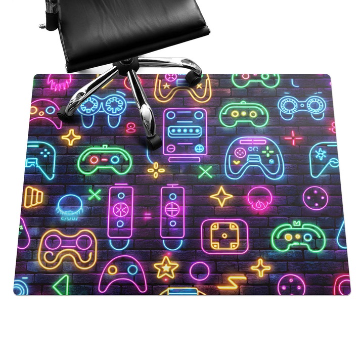 Protectie podea birou, Wallfluent, Controlere de joc neon, Violet, 120x90 cm, 010250310020100282900