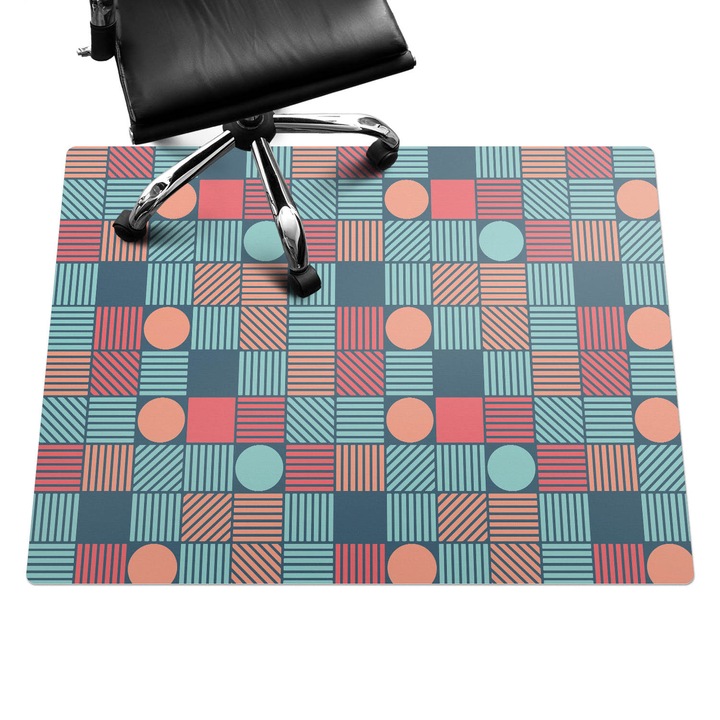 Protectie podea scaun birou, Wallfluent, Model retro geometric, Albastru, 120x90 cm, 010250310020100033499