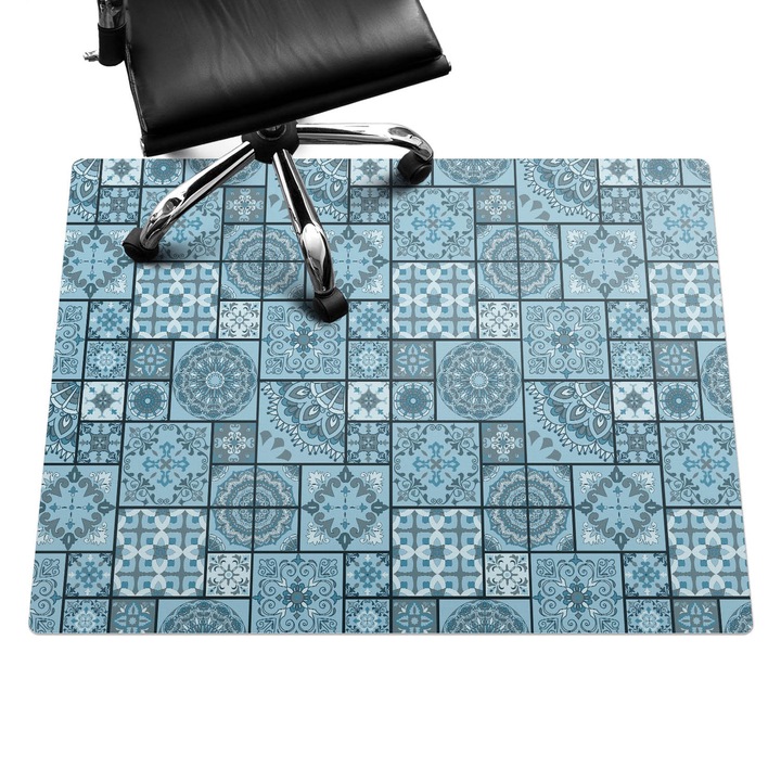 Protectie podea scaun birou, Wallfluent, Mozaic geometric, Albastru, 120x90 cm, 010250310020100033381