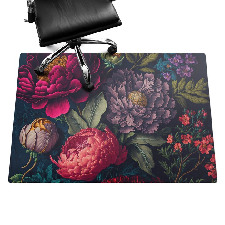 Protectie podea birou, Wallfluent, Model vintage floral, Negru, 140x100 cm, 010250310030100075347