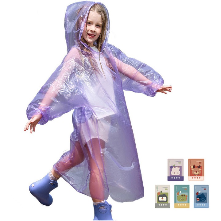 Set 5 pelerine de ploaie pentru copii, model lung, protectie totala impotriva furtunilor, grosime sporita, compacte si portabile
