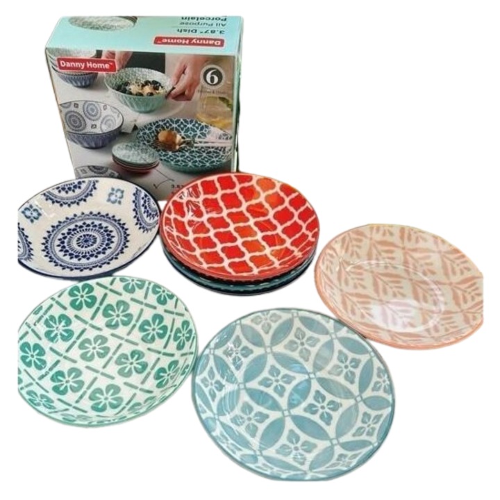 Set 6 farfurii in relief din ceramica colorata, 10 cm