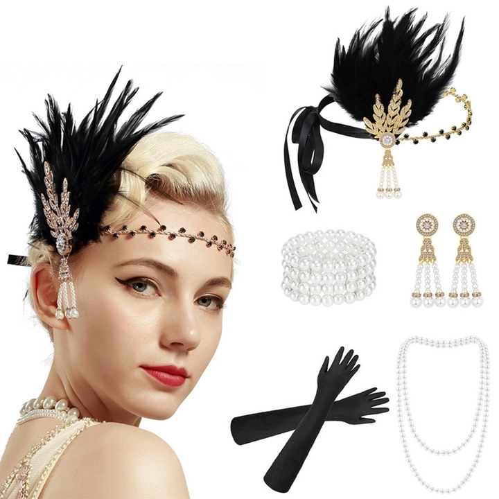 Комплект аксесоари за костюми от 20-те години, BOMSTOM, 5 части, костюм за Хелоуин, най-подходящ за автентични партита в стил 20-те години, пластмаса / смола, черно / бяло