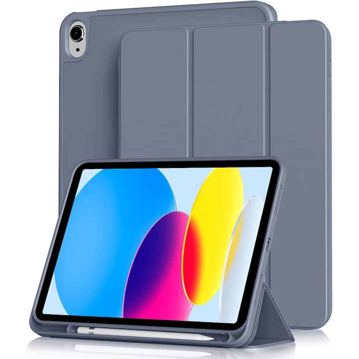 Védőtok iPad (A16) 11 11 hüvelykes 2025-höz, tok iPad 10 10.9 hüvelykes 2022-höz, tolltartóval, intelligens tok háromrészes állvánnyal, ultravékony, puha TPU hátlap, kékeslila