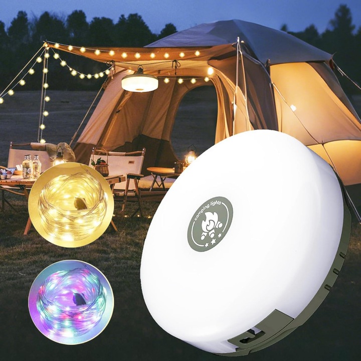 Kempinglámpa, 4 az 1-ben, 8 világítási mód, gyors tárolás, nélkülözhetetlen kempingfelszerelés, 32,8 láb hosszú, vízálló, újratölthető sátorlámpa