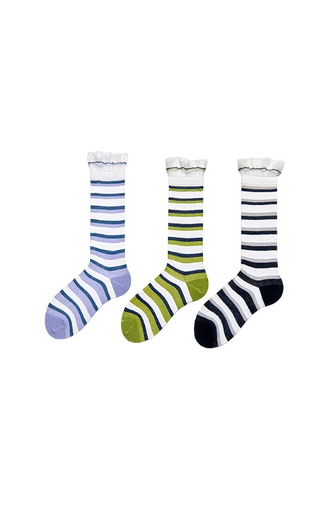 Sosete dama, set 3 perechi, negru-verde-violet, bumbac, mid-crew, dantela
