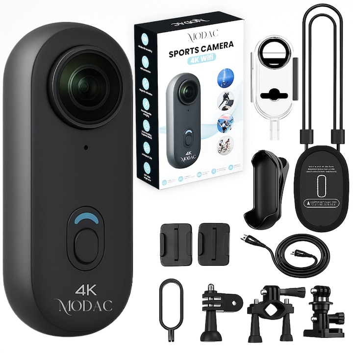 Camera Video Sport 4K, Modac®, Camera de Actiune cu Autonomie Mare 4h, Loop Recording, Montare magnetica, Rezistenta la Apa 30m, Fotografiere Multi Mod, Unghi Larg 120°, Functie WiFi, Memorie Card pana la 128 gb, Pachet cu 8 Accesorii Incluse
