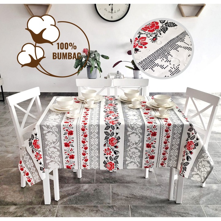 Szennyeződésmentes terítő 100% pamut Átmérő 160 cm, Hagyományos minta Szürkés-piros