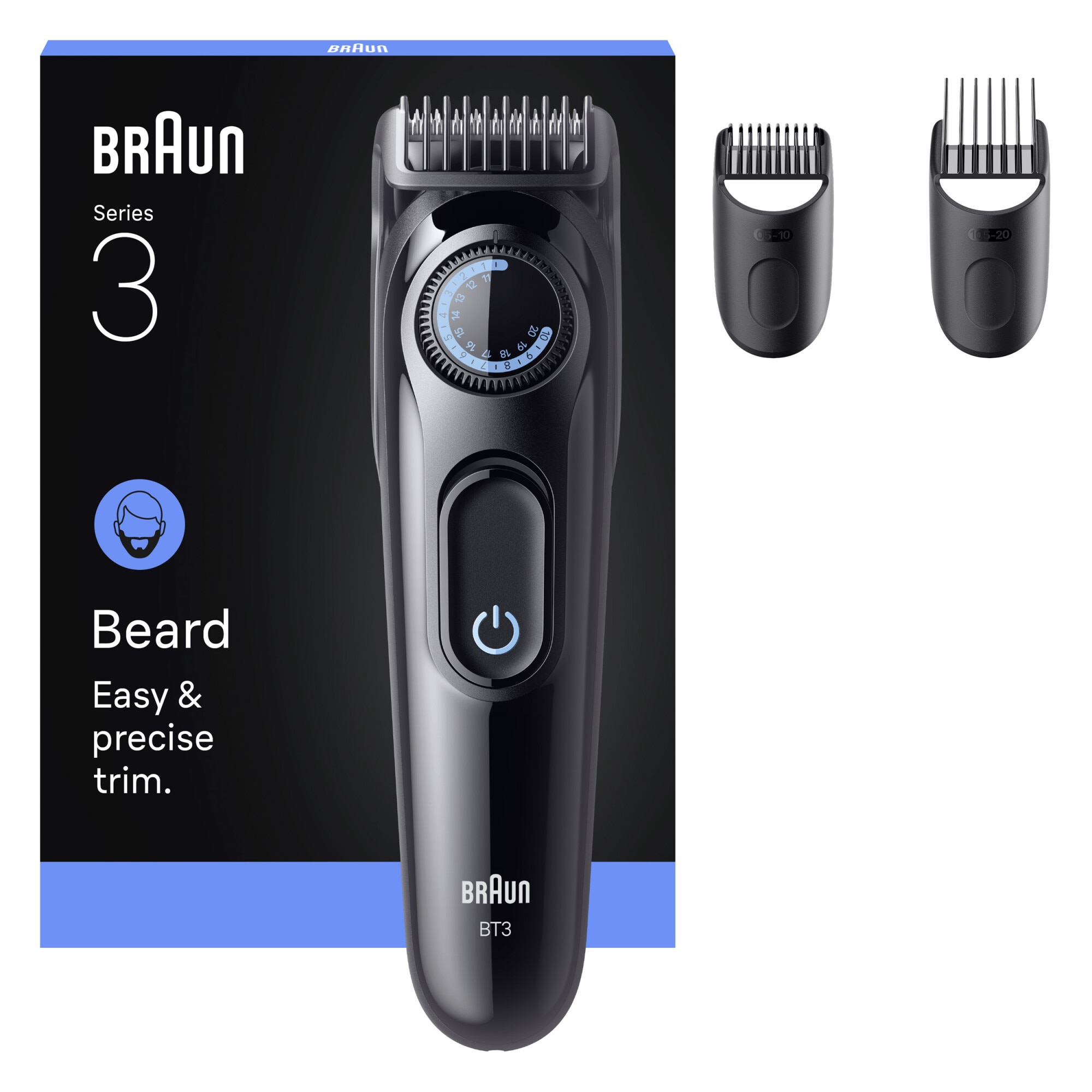 Aparat de tuns barba Braun Beard Trimmer Seria 3 BT3520, Lama ultra ascutita, +3 Accesorii de ingrijire: 2 Piepteni, 1 Perie de curatare, Rotita de precizie, 40 Setari de lungime,