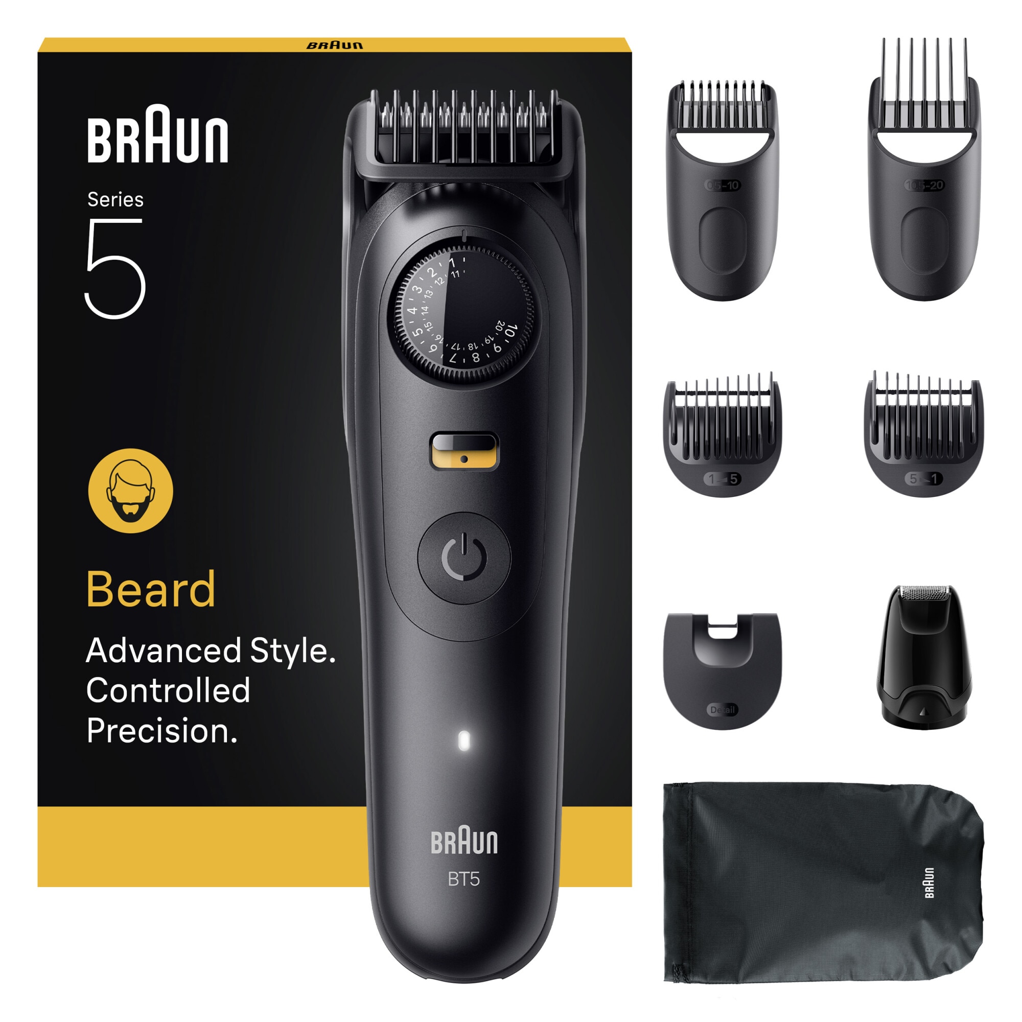 Aparat de tuns barba Braun Beard Trimmer Seria 5 BT5560,Lama ultra ascutita, Accesorii: 5 Piepteni,1 Mini cap de ras,1 Saculet,1 Perie curatare, Rotita de precizie si buton de bloc