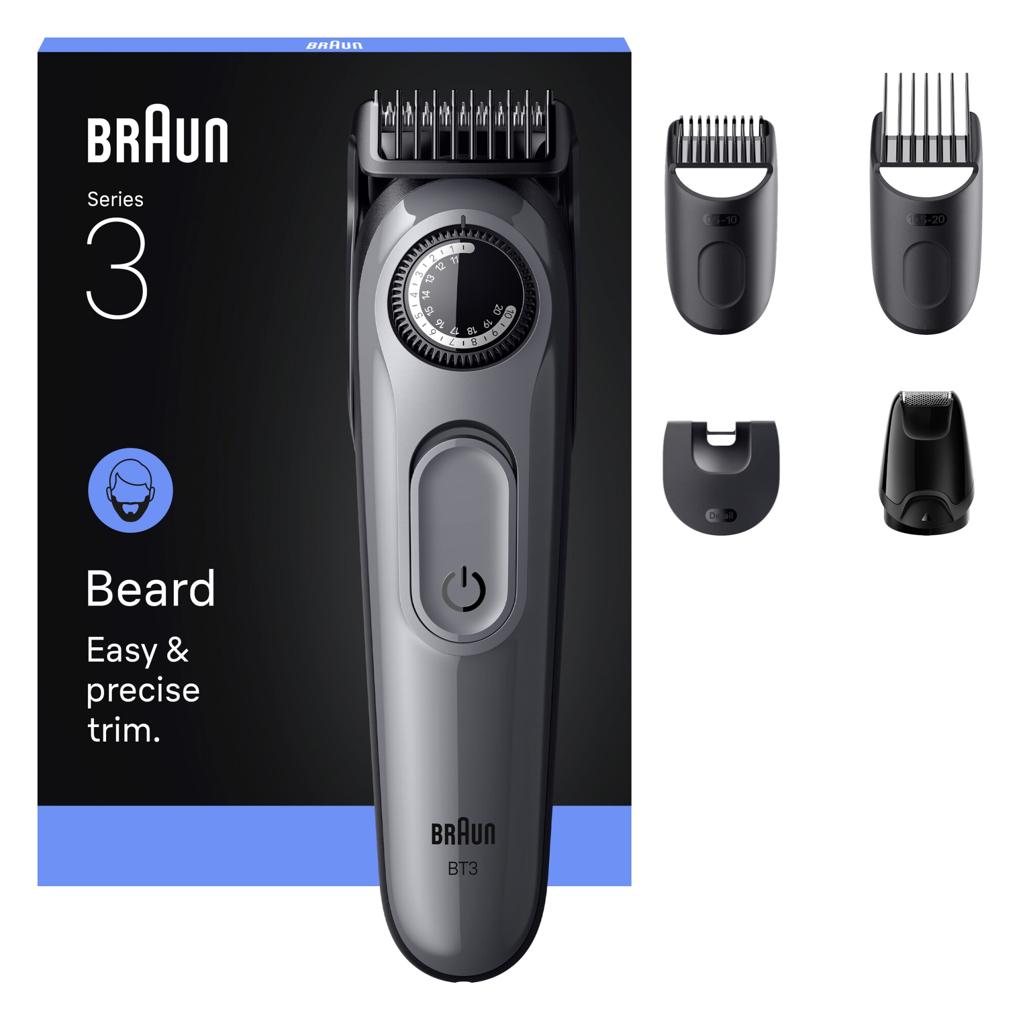 Aparat de tuns barba Braun Beard Trimmer Seria 3 BT3560, Lama ultra ascutita, +5 Accesorii de ingrijire: 3 Piepteni, 1 Mini cap de ras, 1 Perie de curatare, Rotita de precizie, 40