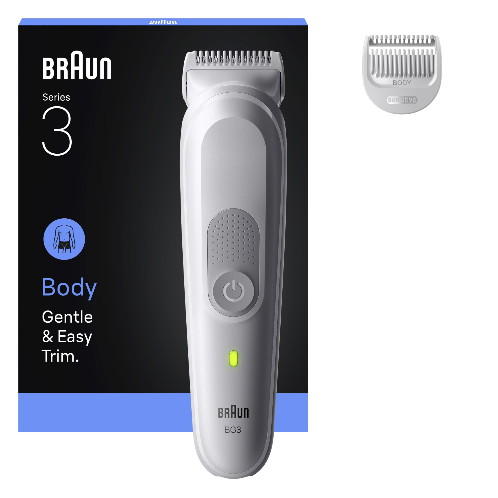 Aparat de ingrijire corporala Braun Seria 3 BG3500, +2 Accesoriu de ingrijire: 1 Pieptene, 1 Perie de curatare, Tehnologie SkinGuard, Delicat pentru zone sensibile, Autonomie 80 mi