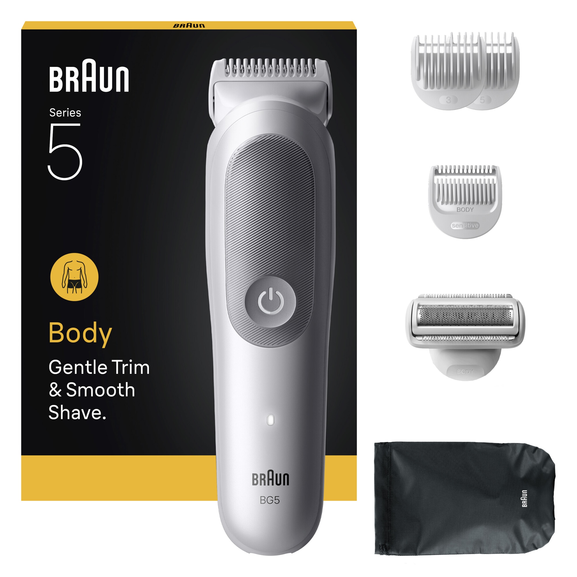 Aparat de ingrijire corporala Braun Seria 5 BG5550, +6 Accesorii de ingrijire: 3 Piepteni, 1 Cap de ras, 1 Saculet, 1 Perie de curatare, Tehnologie SkinGuard, Delicat pentru zone s