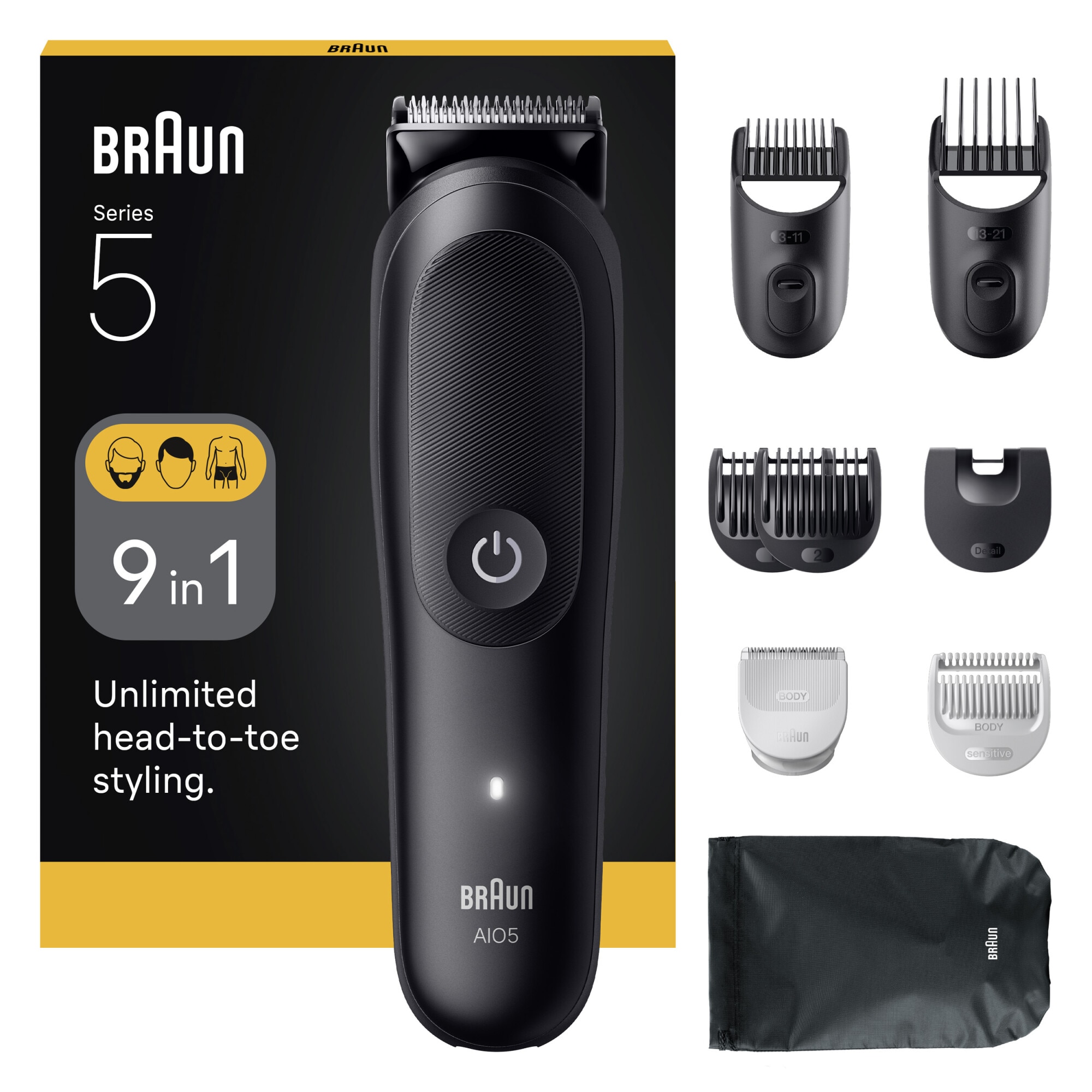 Aparat de tuns multifunctional Braun All-in-One Seria 5 AIO5540, 9-in-1, Lama ultra ascutita, 7 Piepteni,1 Perie curatare,1 Pieptene SkinGuard pentru corp, 1 Saculet, AquaGrip pent