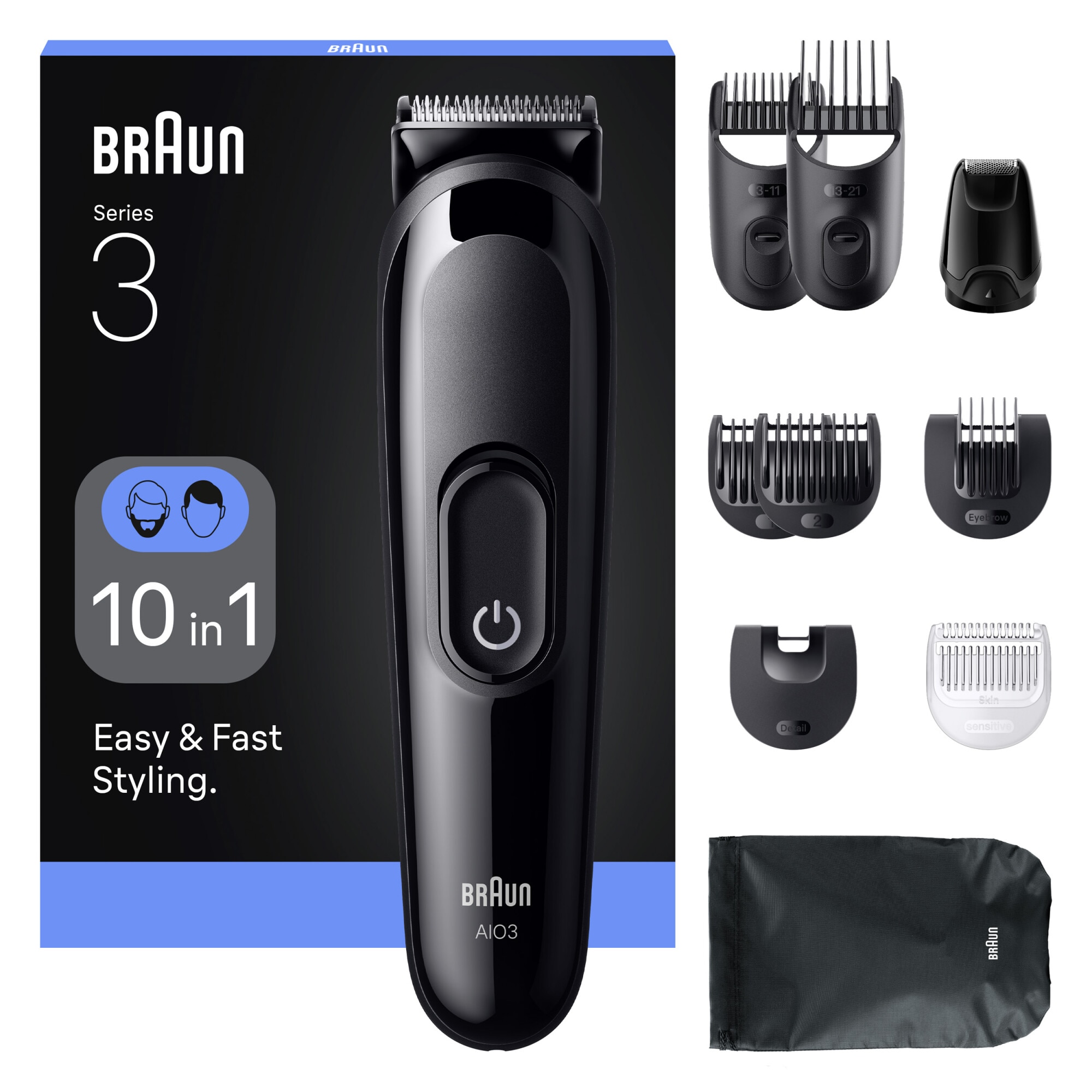 Aparat de tuns multifunctional Braun All-in-One Seria 3 AIO3560, 10-in-1, Lama ultra ascutita, 7 Piepteni, 1 Mini Cap de ras, 1 Cap de tuns sprancene, 1 Perie de curatare, 1 Sacule