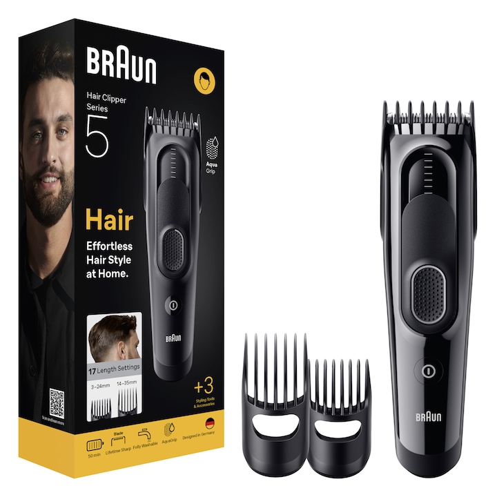 Braun Seria 5 HC5530 hajvágó, +3 trimmer tartozék, élettartamra szóló éles penge, 17 hosszúságbeállítás, legutóbbi beállítások rögzítése, 50 perc üzemidő, vízálló, matt fekete