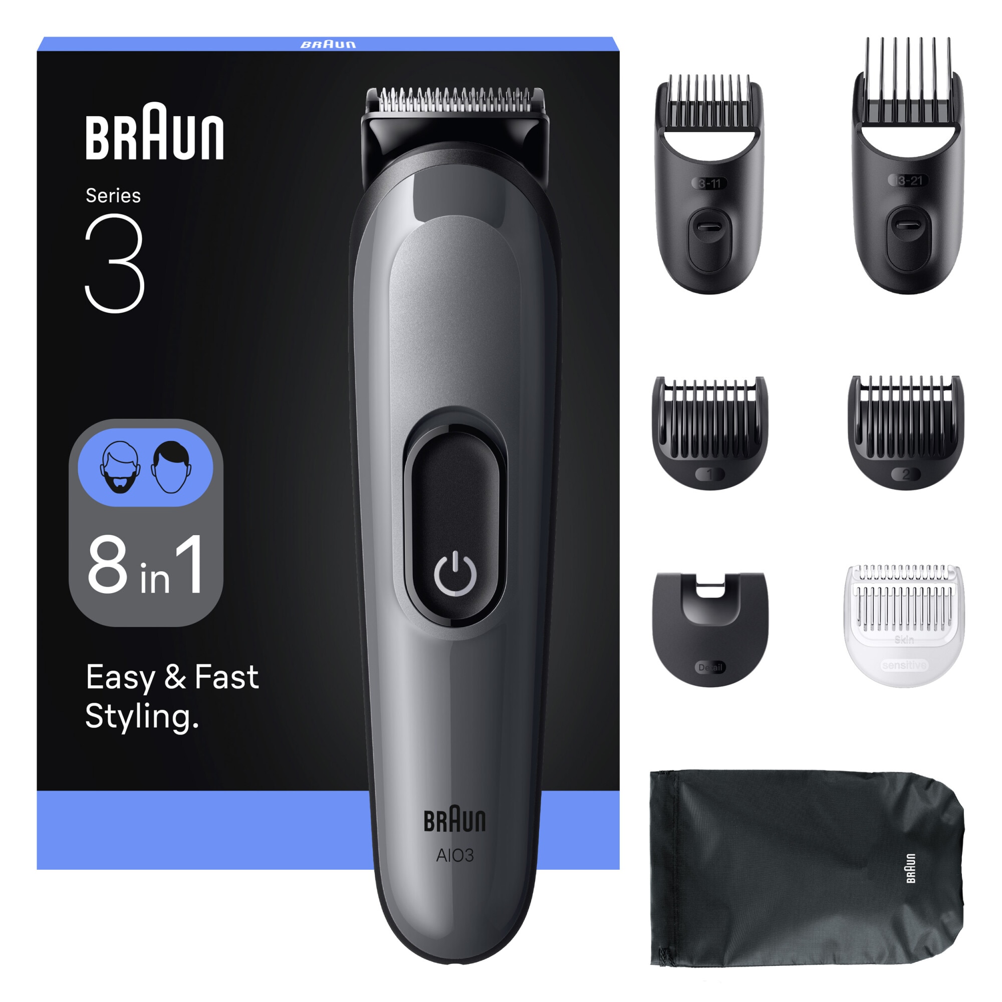 Aparat de tuns multifunctional Braun All-in-One Seria 3 AIO3540, 8-in-1, Lama ultra ascutita, 6 Piepteni, 1 Perie de curatare, 1 Saculet, 14 Setari de lungime , Autonomie 50 minute