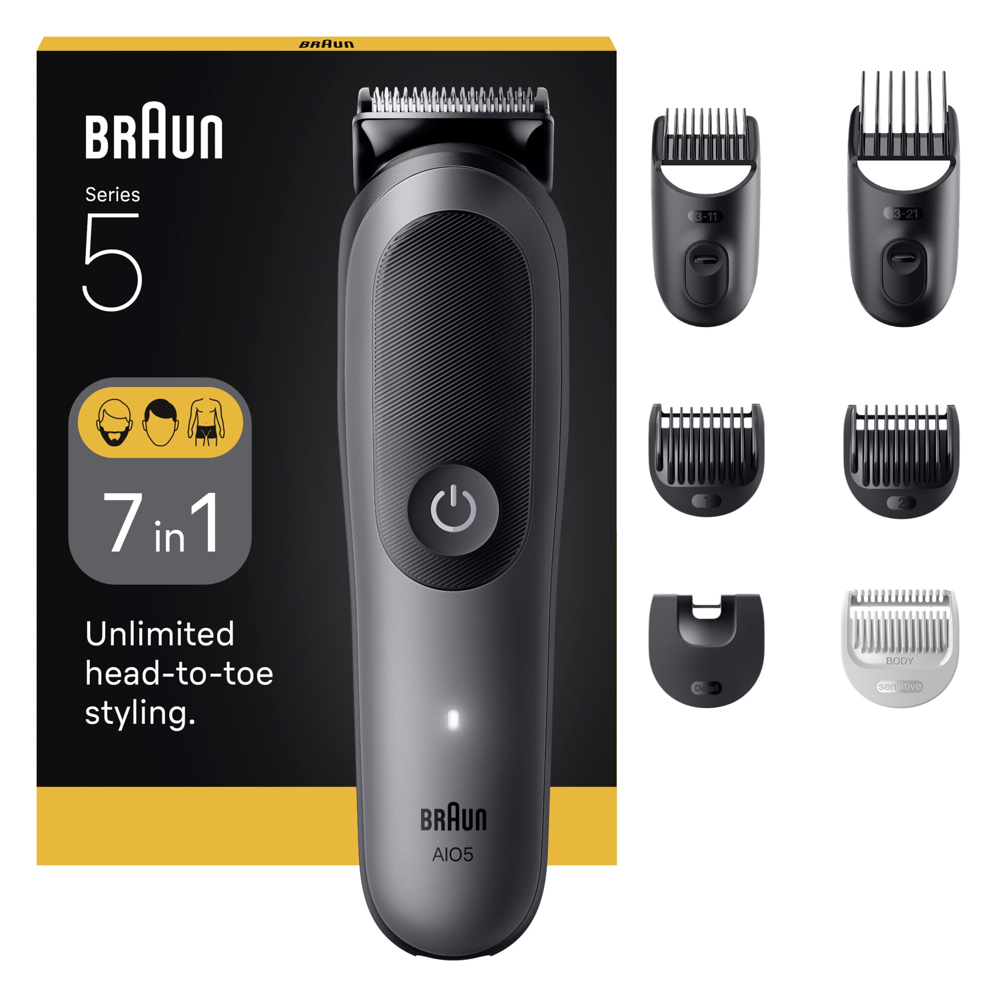 Aparat de tuns multifunctional Braun All-in-One Seria 5 AIO5520, 7-in-1, Lama ultra ascutita, 6 Piepteni, 1 Perie de curatare, 1 Pieptene SkinGuard pentru corp, AquaGrip pentru con