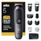Aparat de tuns multifunctional Braun All-in-One Seria 5 AIO5560, 11-in-1, Lama ultra ascutita, 7 Piepteni, 1 Mini Cap de ras, 1 Cap tuns SkinGuard, 1 Perie de curatare, 1 Saculet, AquaGrip pentru control sub dus, Autonomie 120 minute, Gri argintiu