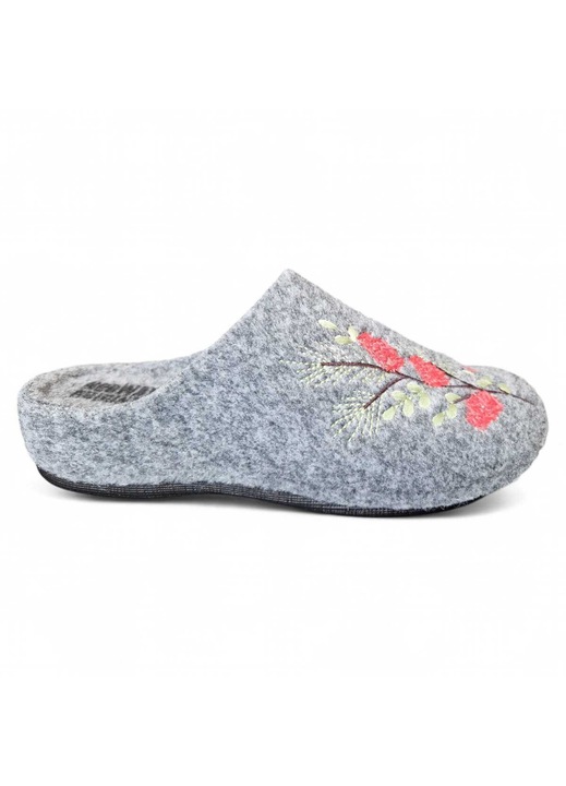 Papuci de casa dama din pasla moale, Confort, decorati cu model floral brodat, cu talpa plina, de 4 cm inalta, Gri, 38 EU