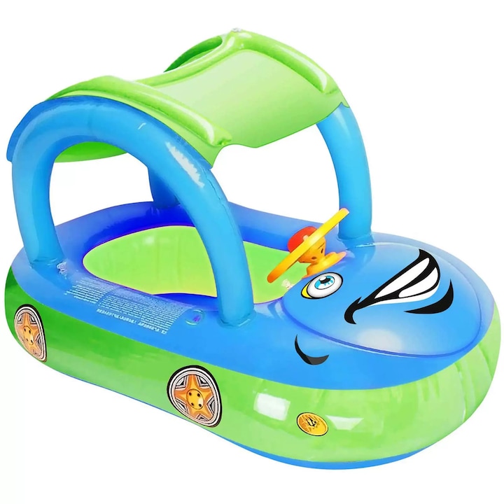 Надуваема лодка с волан, кола, подвижен сенник и детска поставка, синя, Toyska®