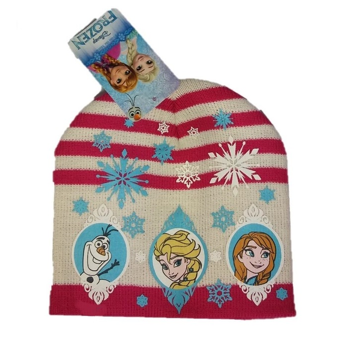 Caciula Frozen cu Anna, Elsa si Olaf, Alb/Fucsia