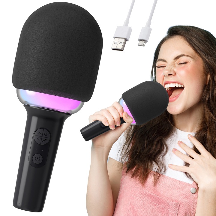 Microfon karaoke cu boxa 5 Efecte Sonore, RENEW FORCE®, Wireless Bluetooth, lumini LED, Efecte Sonore, Difuzor Cu Functie De Recorder, Karaoke, Multifunctional, Intrare USB, Baterie 6h, banda de frecventa 100 Hz-20 kHz, 3W, Negru DIVA2