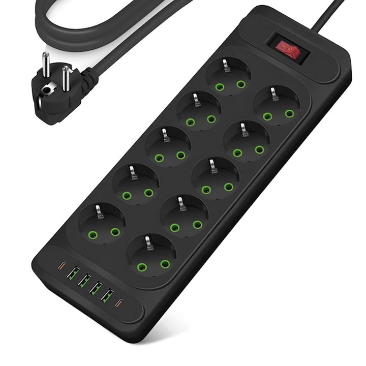 Разклонител, 2500W, 10 гнезда, 4 USB, 2 Type-C, 2 м кабел, Черен