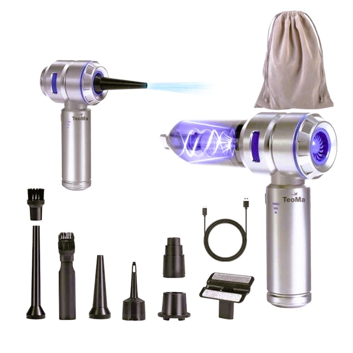 Aspirator auto puternic cu acumulator, 4 in 1 TeoMa™, Functii Aspirare, Suflanta, Umflare, Vacuum, Motor Brushless,18 000 Pa,100W, 100 000 RPM, Baterie 6000 mAh, Autonomie 30 min, 3 viteze, Filtru Hepa Reutilizabil, 10 Accesorii