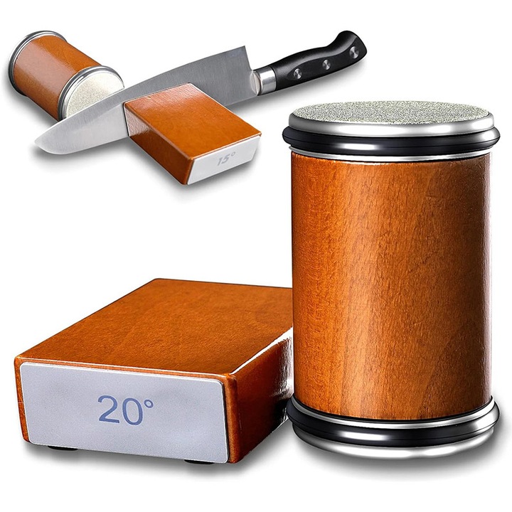 Set de 2 ascutitoare de cutite tip tambur, piatra de ascutit, Fudisenn, magnetica, fata-verso, piatra de ascutit diamantata, 2 unghiuri (15/20), potrivita pentru unelte de bucatarie si exterior, maro