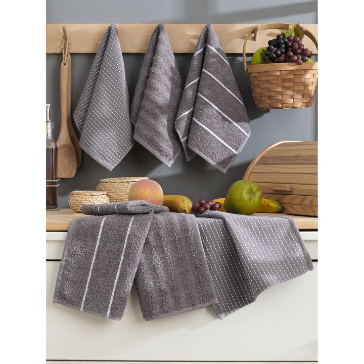 Set Prosoape, UnicUtil®, Set Prosoape 6 Bucati Elegant Design, 100% Bumbac, Moi, Absorbante, Dimensiune 30X50 Cm, Lavabile La 30°C, Prosop Fata Si Maini Pentru Baie, Set Prosoape Pentru Baie Moderna Eleganta, Antracit Intens