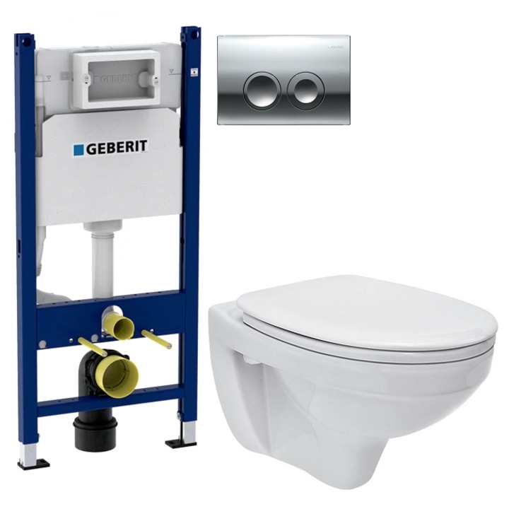 Set 2 in 1 Toaleta Cersanit Delphi, Rezervor Geberit, capac soft and slim, clapeta crom lucios