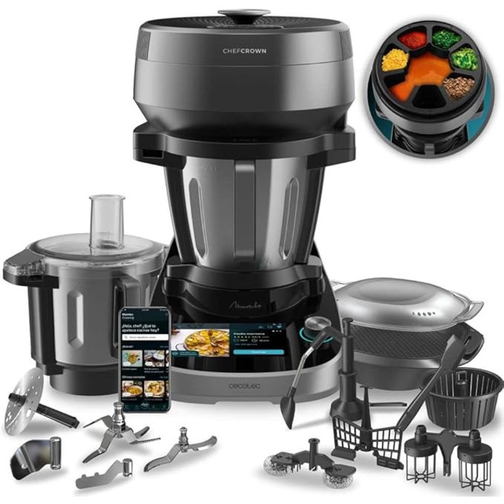 Robot de bucatarie Cecotec cu dozator de alimente Mambo CooKing Total Gourmet. 2200 W, 45 de functii, mii de retete ghidate, vas Unique si vas Victory, accesorii incluse