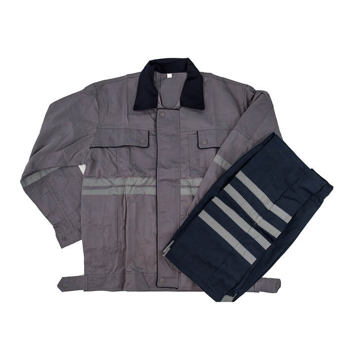 Costum instalator, jacheta si pantaloni, poliester, gri/bleumarin