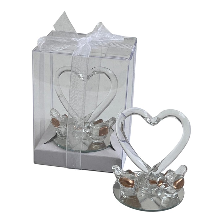 Marturie nunta/botez – porumbei din sticla cu inima pe suport oglinda