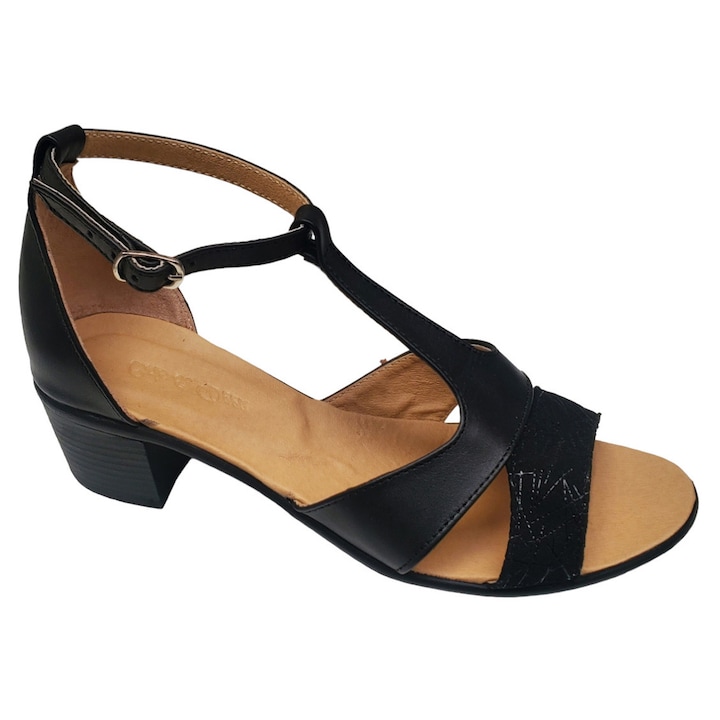 Sandale Dama Negre Din Piele Naturala Cu Toc Masiv 4 cm, Negru
