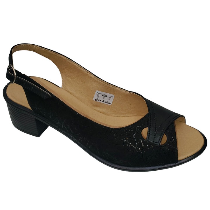 Sandale dama SCV negre din piele naturala, toc masiv 4cm, marime 40