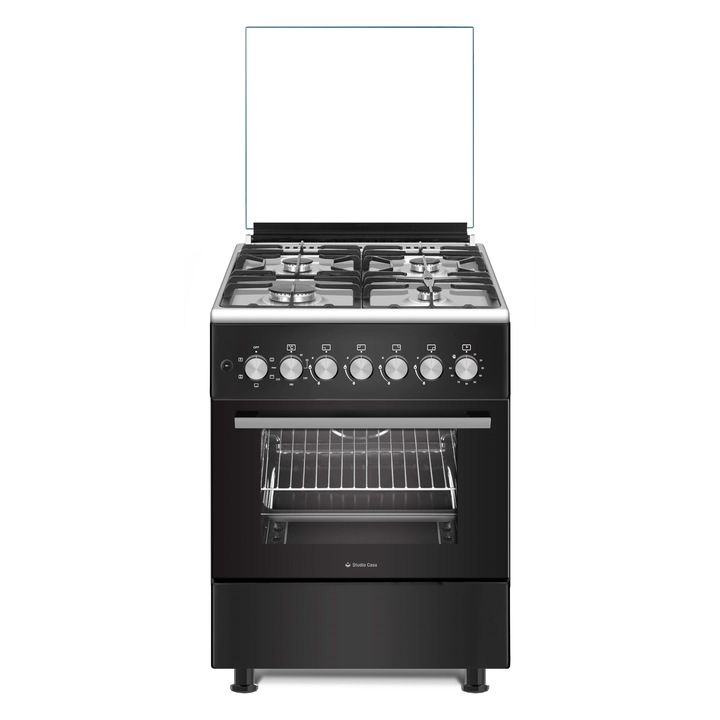 Studio Casa Bruno FE57/57 Kombinált tűzhely, Elektromos sütő, 4 gázégő, Forgónyárs, Ventilátor, 5 funkció, A energiaosztály, 57 x 57 cm, Elektromos főzőlap gyújtás, Öntöttvas grill, Fekete